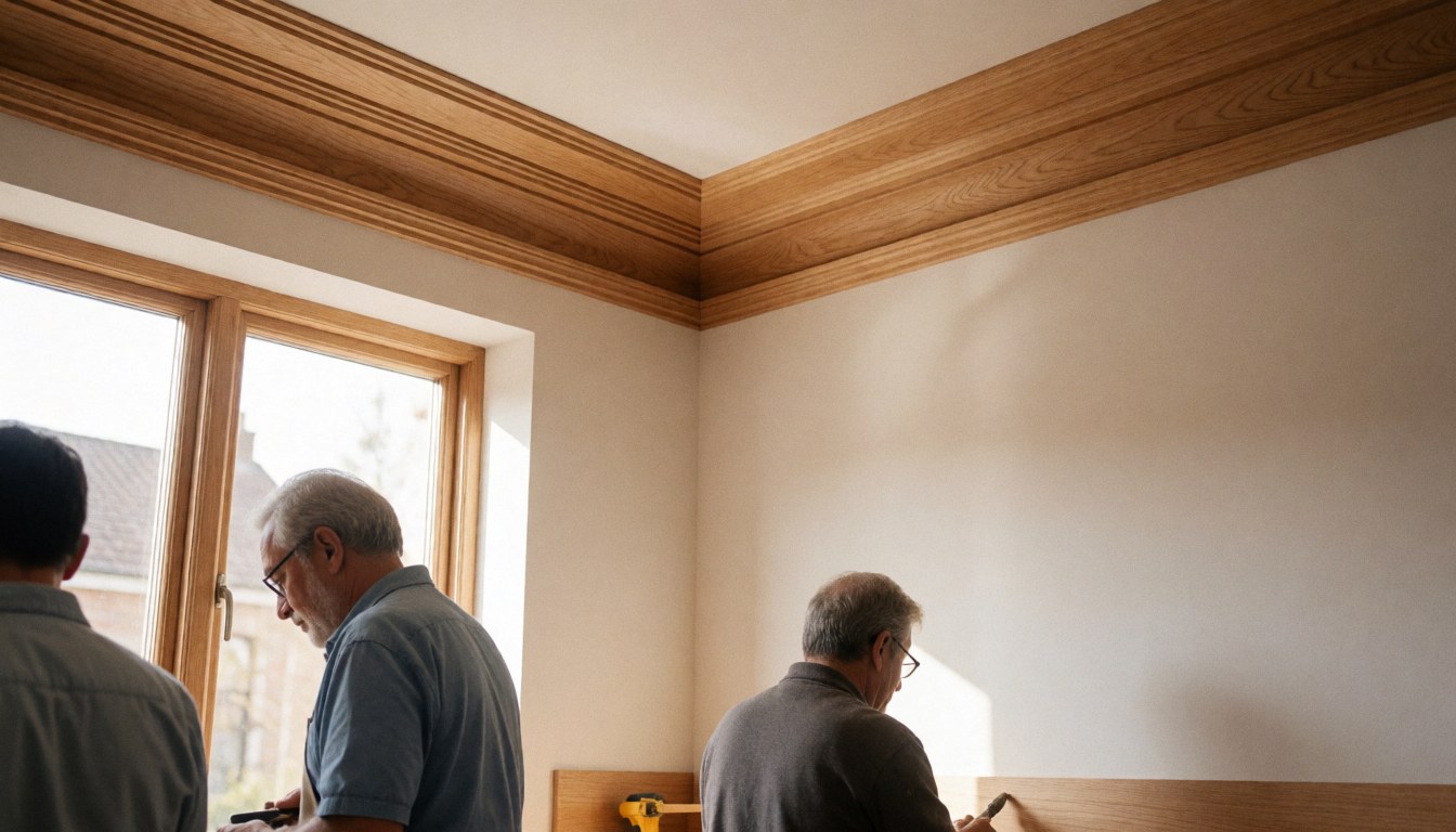 Three men install a wooden cornice in a room with white walls and natural light from a window