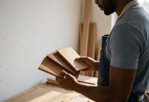 Carpenter wearing an apron examines wooden boards with visible grain in a workshop with natural light and background of planks and sawdust