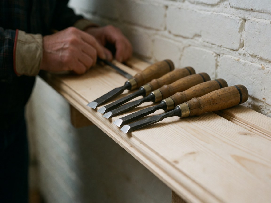 Wood chisels with worn handles resting on a pine board, hands working against a white brick wall background.