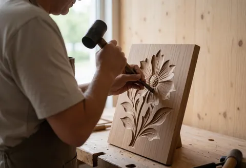 Wood carver using hammer and chisel on wood panel with floral design emerging, natural light from window, light wood workshop walls