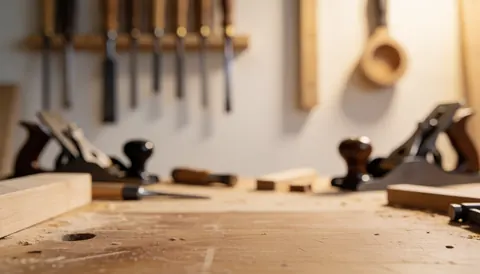 Woodworking chisels and planes hanging above sawdust on a wooden surface with warm professional lighting