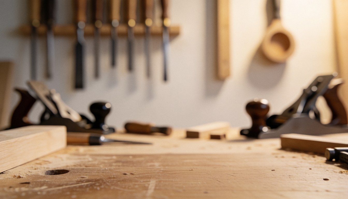 Woodworking chisels and planes hanging above sawdust on a wooden surface with warm professional lighting