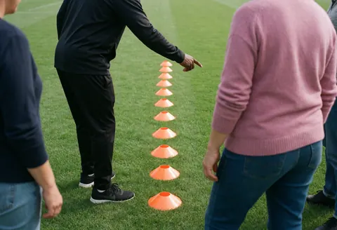 Soccer coach on a green field pointing at a row of orange cones for training