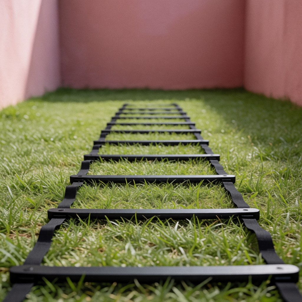 Black agility ladder placed on green grass with pink walls in the background under diffused light, highlighting its length from a parallel view