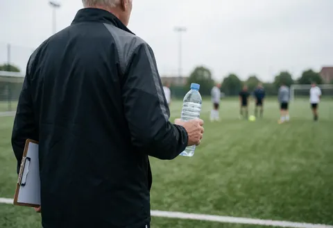 Soccer coach walking across the field holding a water bottle and a portfolio while supervising players in the background.