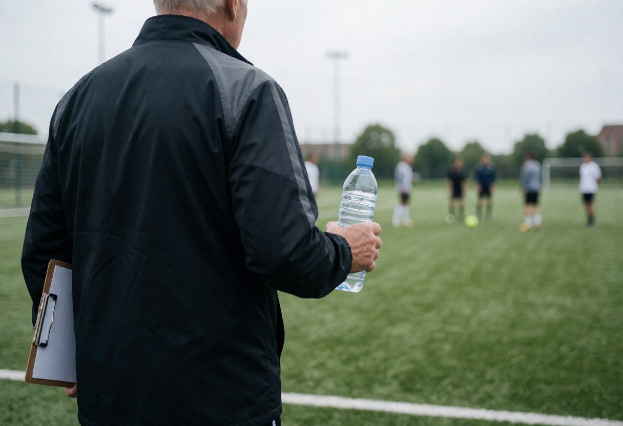 Soccer coach walking across the field holding a water bottle and a portfolio while supervising players in the background.