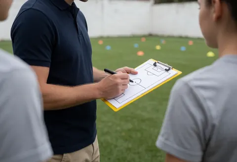 Soccer coach sketching a tactical diagram on a yellow board while a player watches from behind on a training field with cones