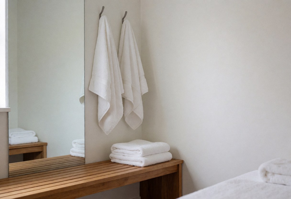 Clean and private changing room featuring a wooden bench, large mirror, and folded white towels illuminated by soft natural light.