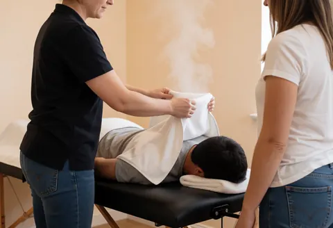 Therapist places a hot towel on a client's shoulders while they rest on a black table in a beige room with visible steam.