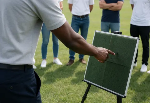Soccer coach pointing at a green tactical board while instructing players on a grass field