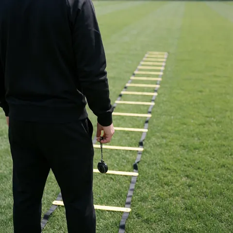Soccer coach holding a stopwatch while standing next to a yellow agility ladder on green grass, ready for speed training.