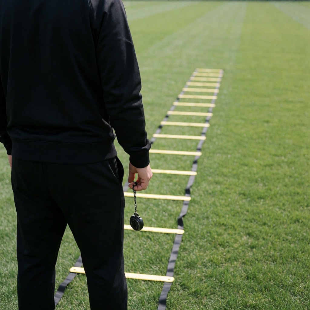 Soccer coach holding a stopwatch while standing next to a yellow agility ladder on green grass, ready for speed training.