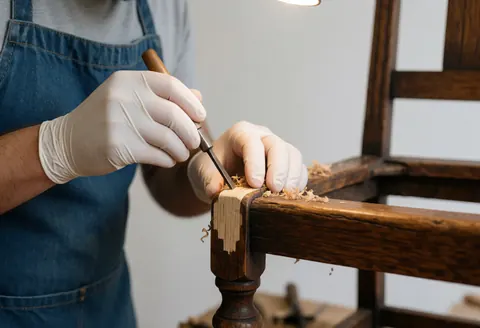 A gloved hand using a chisel to repair a wooden chair in a workshop setting with warm lighting.