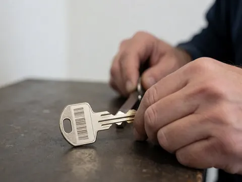 Close-up of a security key with a visible code resting on a workbench, with hands using tools in the background.