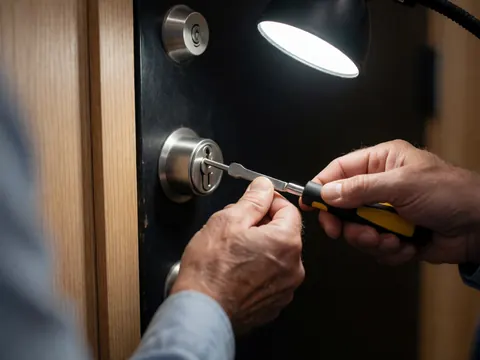 Close-up of an adult hand using a lock-picking tool on a door lock, illuminated by focused work light, showing wood and metal details.