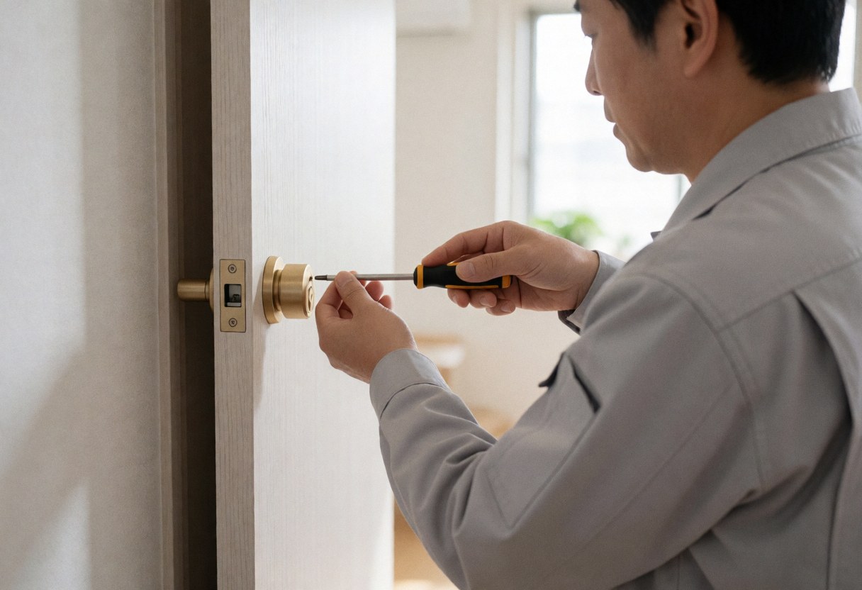Locksmith installing a modern bronze deadbolt on a white door using precision tools in a well-lit residential hallway.