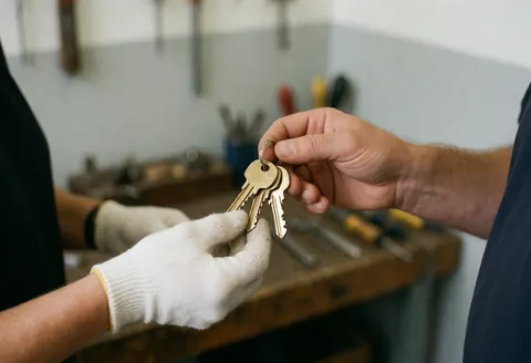 A locksmith wearing a white glove hands three bronze keys to a client in a workshop with blurred tools in the background.