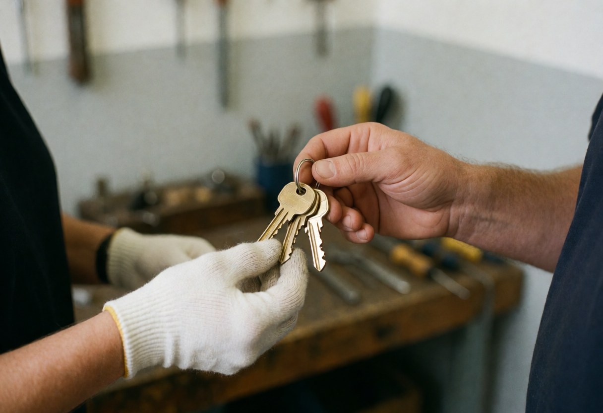 A locksmith wearing a white glove hands three bronze keys to a client in a workshop with blurred tools in the background.