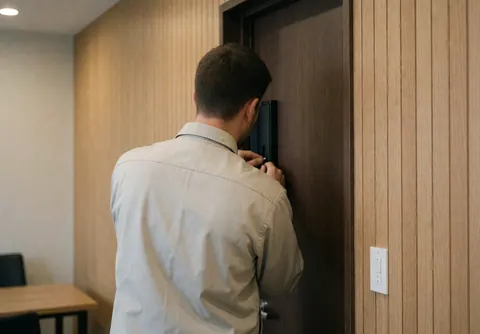 Locksmith installing a security plate on a dark wooden door with light wood slat walls and soft interior lighting.