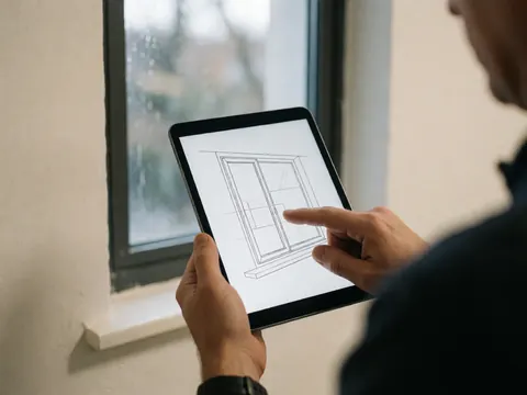 Professional pointing to technical window drawing on tablet at construction site with white walls and window in background