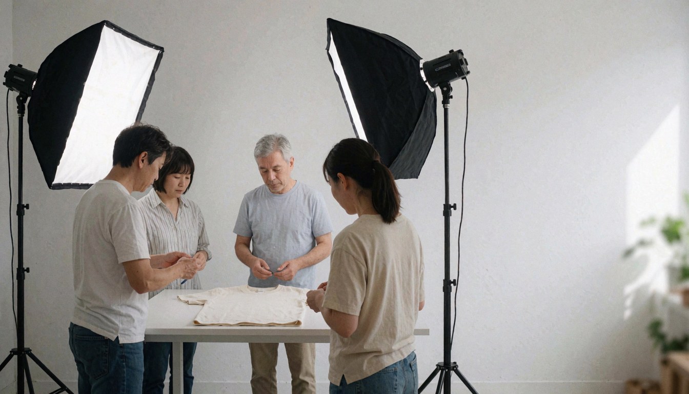 Four professionals inspecting a white t-shirt on a table in a studio with softbox lighting and white walls.