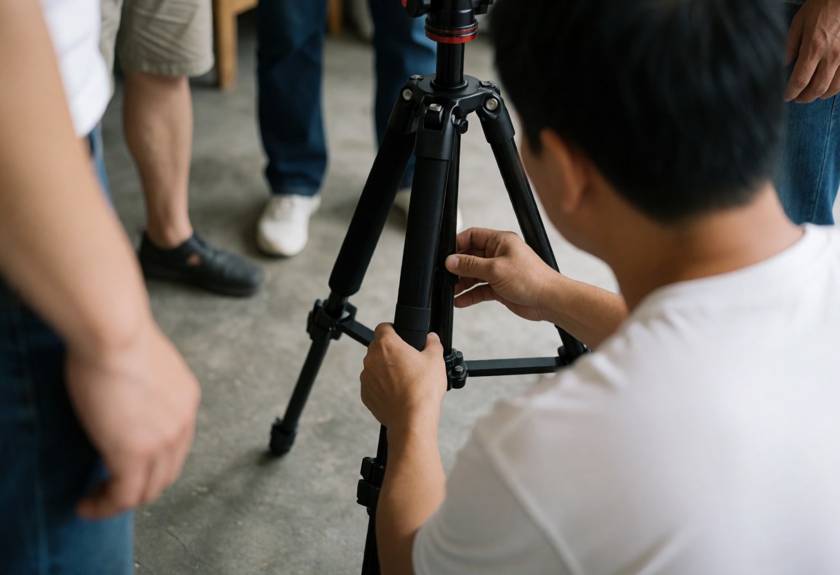 Professional photographer adjusting a black tripod in a studio with concrete floor while others stand around