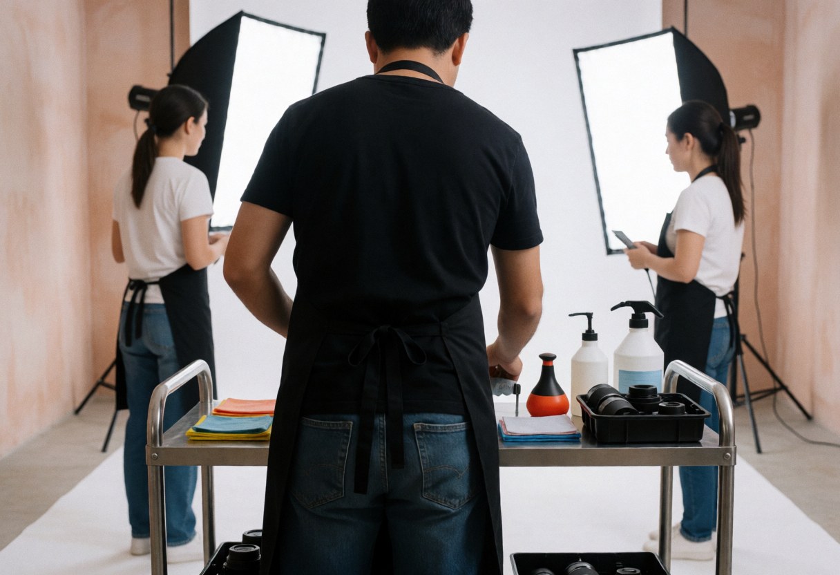 Product photographer arranging lens cleaning gear and accessories on a metal cart in a studio with terracotta walls and two assistants in the background