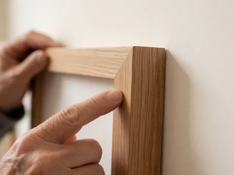 Adult hand adjusting a wooden frame with visible grain against a white wall, focusing on texture and detail of craftsmanship.
