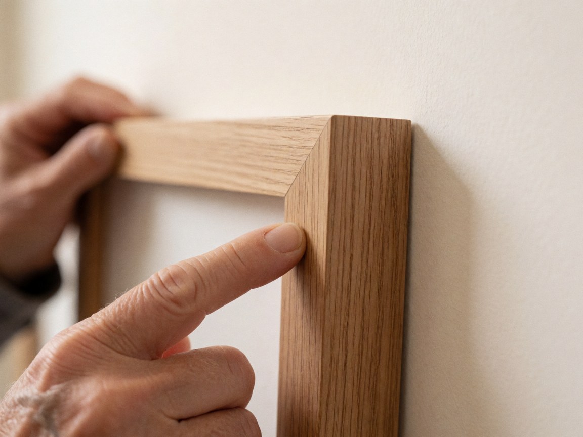 Adult hand adjusting a wooden frame with visible grain against a white wall, focusing on texture and detail of craftsmanship.