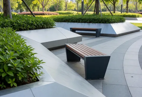 Contemporary design benches in an urban park with green plants and stone paths, ideal for outdoor photography sessions.