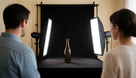 Two individuals standing with their backs to the camera, observing a wine bottle illuminated by side lights against a black background in a professional photography studio.
