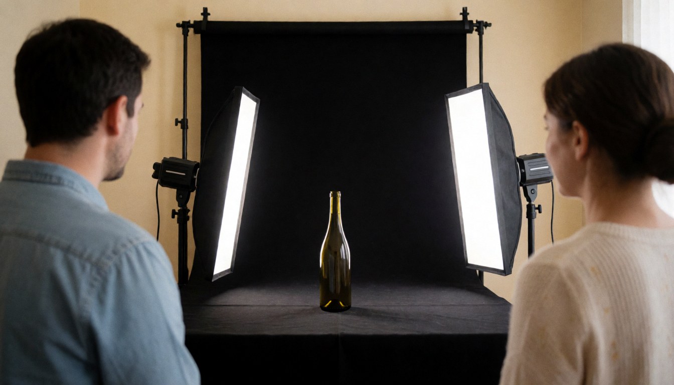 Two individuals standing with their backs to the camera, observing a wine bottle illuminated by side lights against a black background in a professional photography studio.
