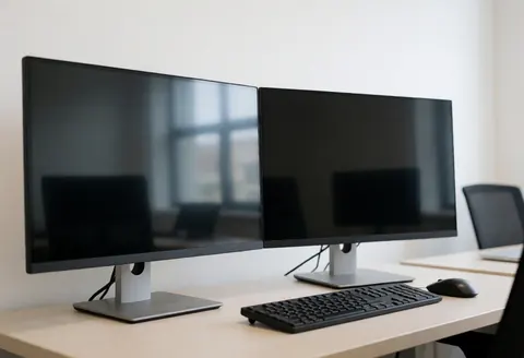 Clean workspace featuring two turned-off monitors, a keyboard, and a mouse on a desk with a blurred office background.