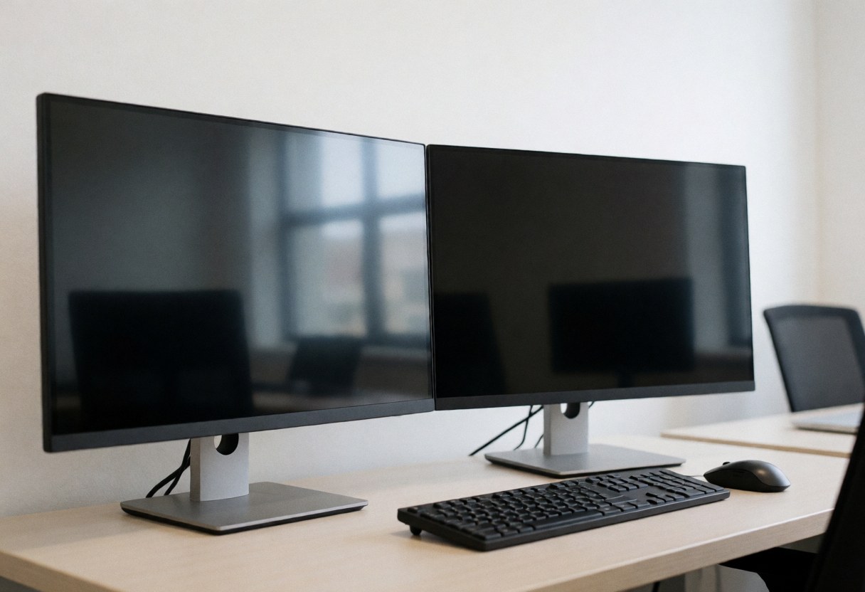 Clean workspace featuring two turned-off monitors, a keyboard, and a mouse on a desk with a blurred office background.