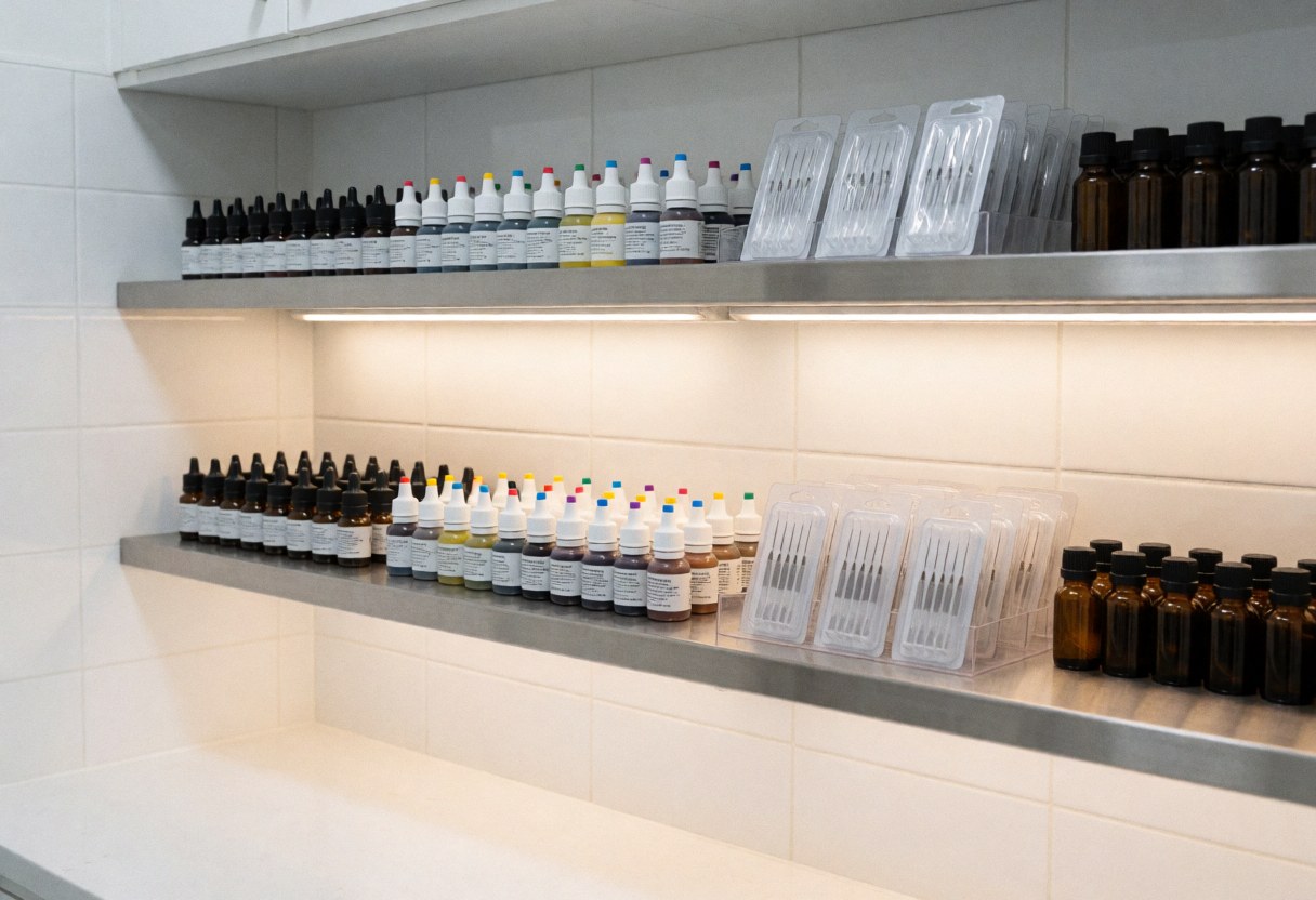 Organized shelf holding microblading pigments, needles, and essential oil bottles in a clean, sterile studio setting