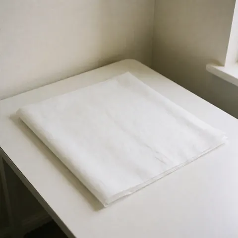 A folded white cloth placed on a white table, suitable for microblading procedures, featuring natural light and white walls.