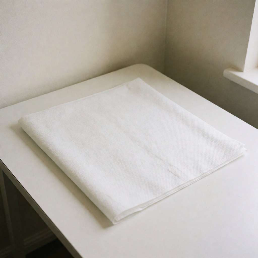 A folded white cloth placed on a white table, suitable for microblading procedures, featuring natural light and white walls.