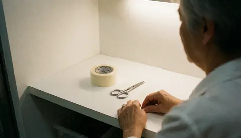 Close-up of hands using scissors and tape on a white counter for microblading preparation