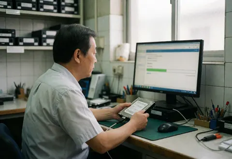 Technician checking a hard drive connected to a computer in a repair workshop with tools and monitors.