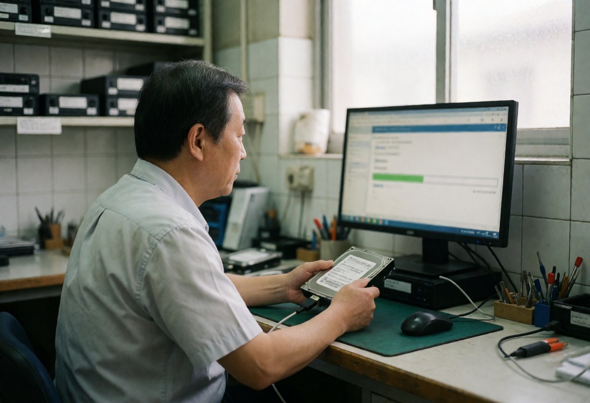 Technician checking a hard drive connected to a computer in a repair workshop with tools and monitors.