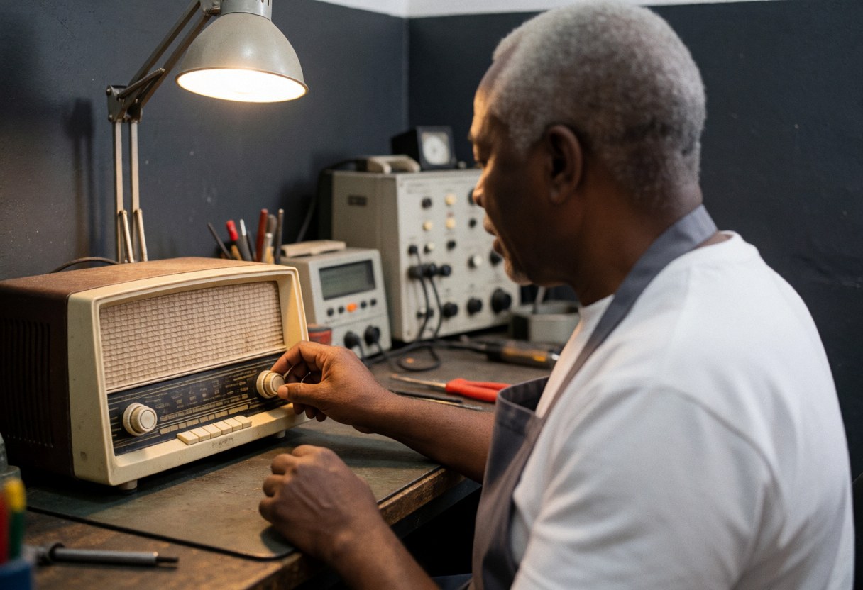 Technician adjusting the dial of a vintage radio in a workshop with diagnostic equipment in the background