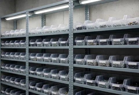 Metal shelves holding transparent boxes filled with screws and electronic parts under fluorescent lighting in a professional workshop with concrete walls