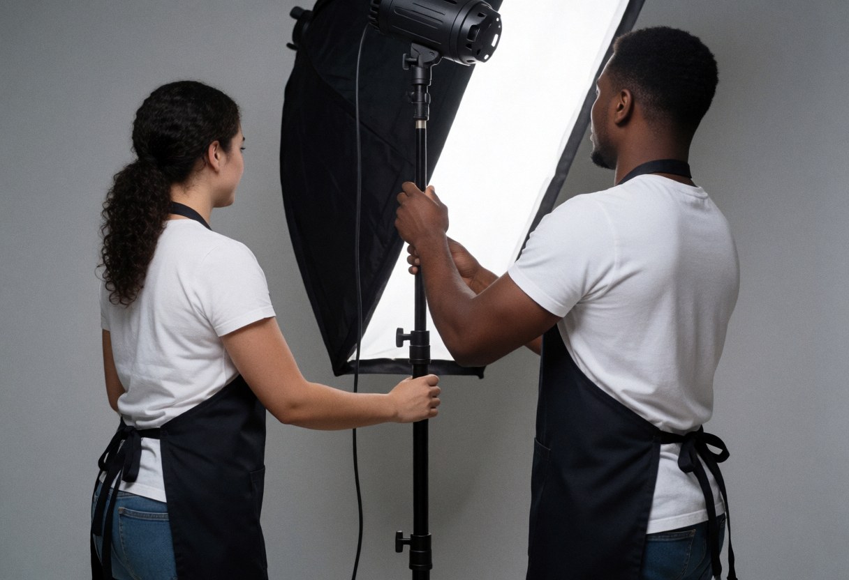 Two professionals adjusting a large softbox light in a studio with a gray background, focusing on equipment and technique.