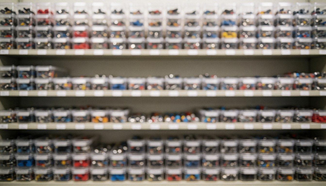 Storage shelves with multiple transparent containers filled with small colorful electronic components, blurred background for text.