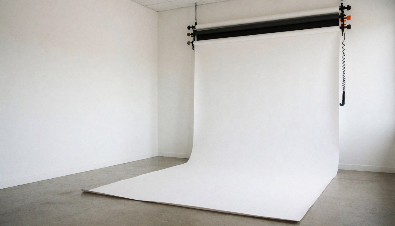 Empty photography studio featuring a seamless white backdrop, polished concrete floor, and soft natural lighting ready for professional portrait sessions