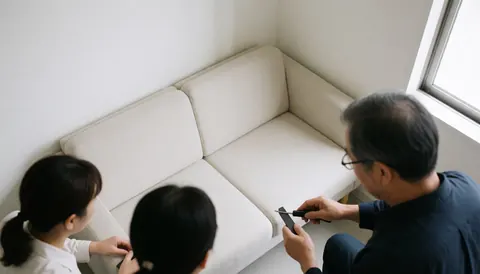 Three people observe a man working on a white sofa in a bright room with white walls and natural light.