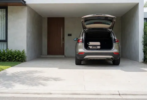A car with an open trunk and white suitcase parked at the entrance of a modern vacation house with concrete walls and a wooden door.