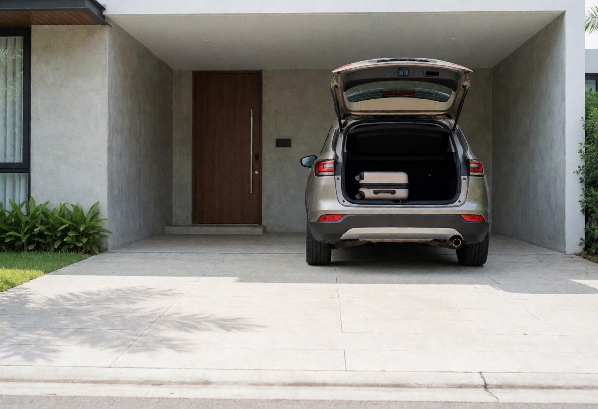 A car with an open trunk and white suitcase parked at the entrance of a modern vacation house with concrete walls and a wooden door.