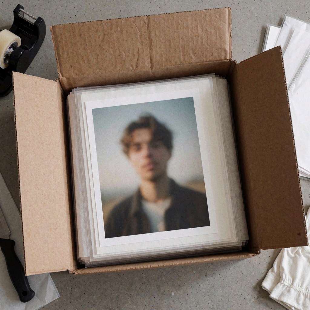 An open box containing portrait photographs on protective paper, prepared for shipping on a gray surface with packing tools.