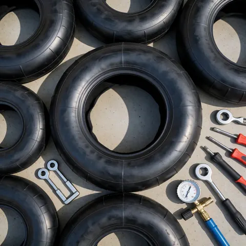 Top view of tires and repair tools on a concrete surface with bright natural light